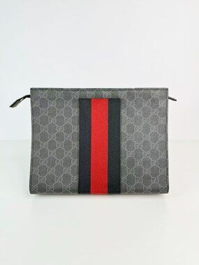 Gucci GG Supreme Web Stripe Zip Pouch Clutch Bag